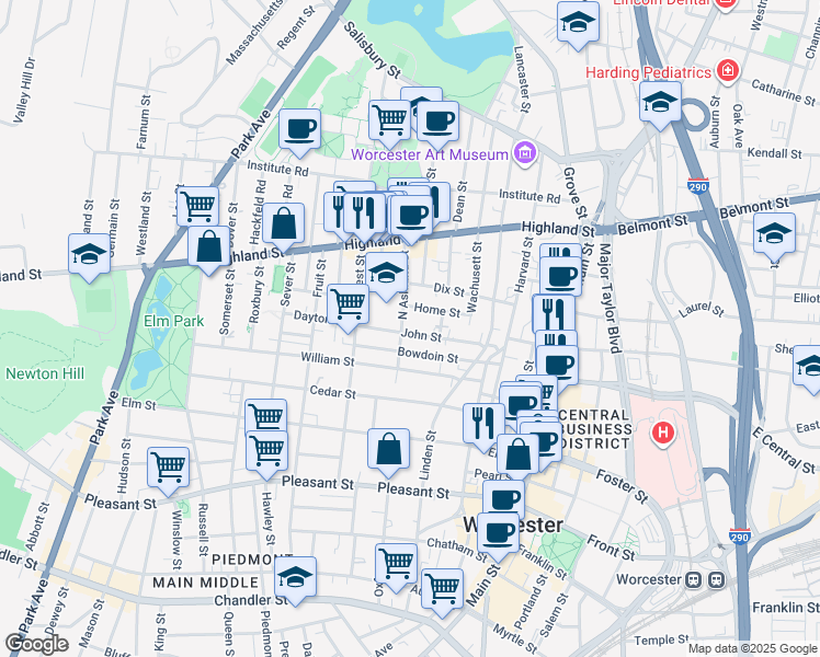 map of restaurants, bars, coffee shops, grocery stores, and more near 36 John Street in Worcester
