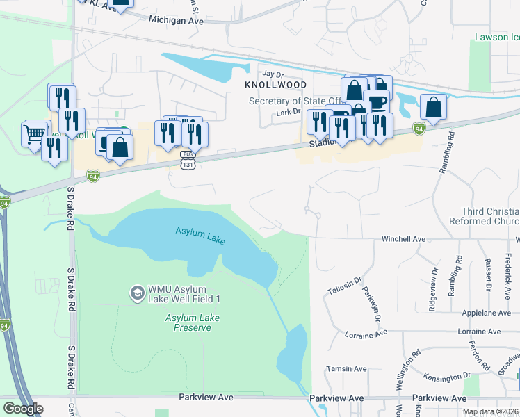map of restaurants, bars, coffee shops, grocery stores, and more near 3740 Winchell Avenue in Kalamazoo