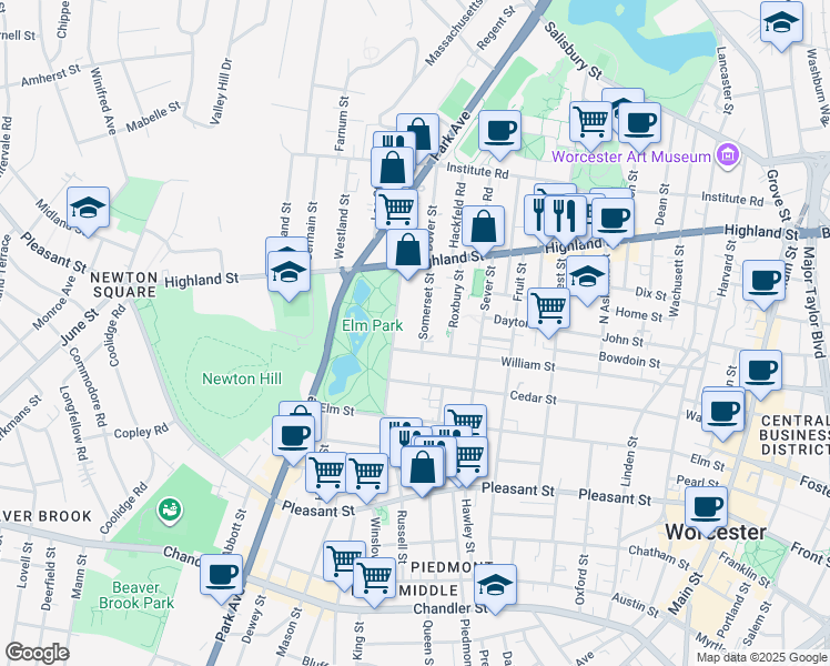 map of restaurants, bars, coffee shops, grocery stores, and more near 7 Somerset Street in Worcester