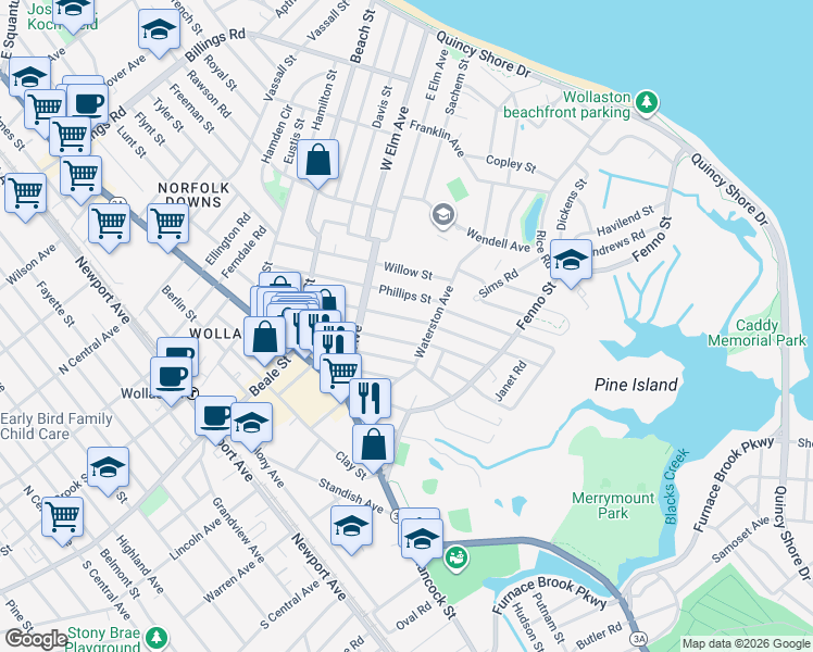 map of restaurants, bars, coffee shops, grocery stores, and more near 133 Marlboro Street in Quincy