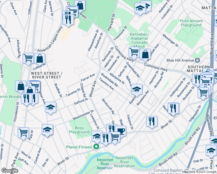 map of restaurants, bars, coffee shops, grocery stores, and more near 27 Taunton Avenue in Boston