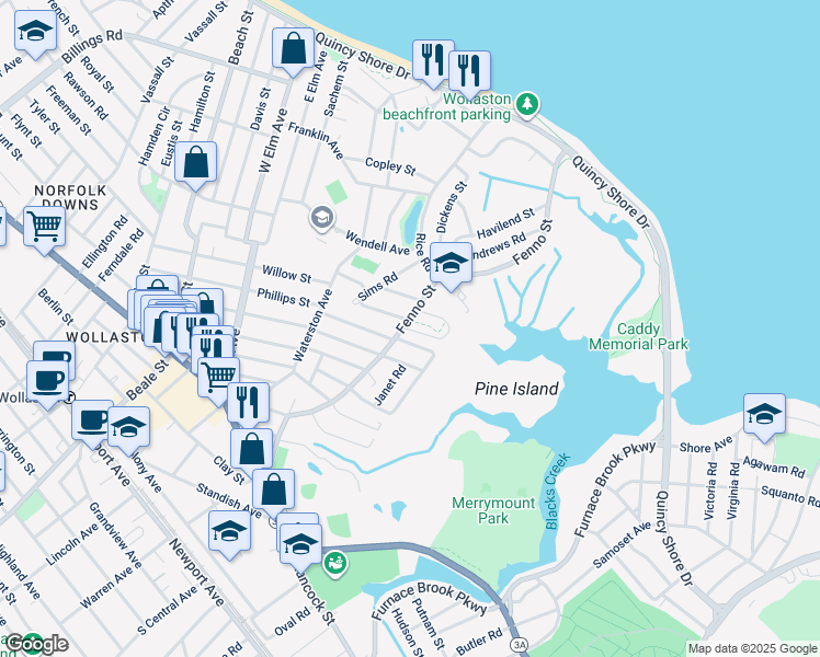 map of restaurants, bars, coffee shops, grocery stores, and more near 191 Fenno Street in Quincy