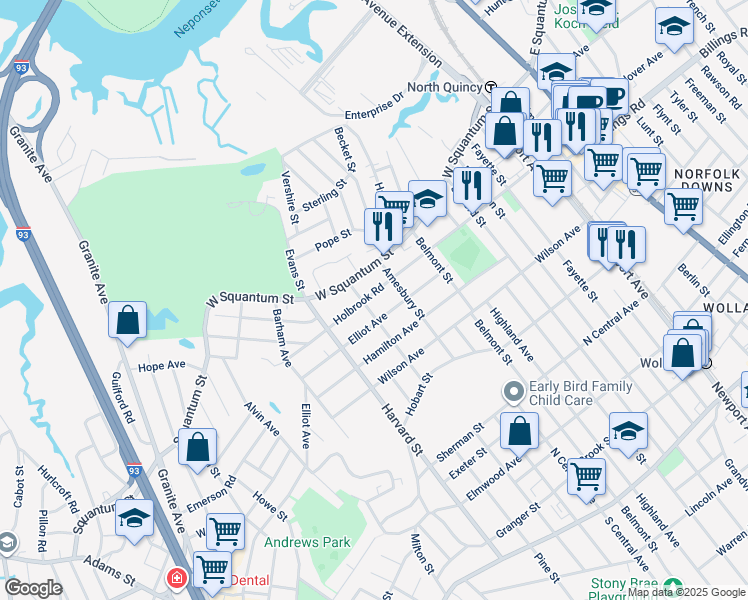 map of restaurants, bars, coffee shops, grocery stores, and more near 89 Elliot Avenue in Quincy