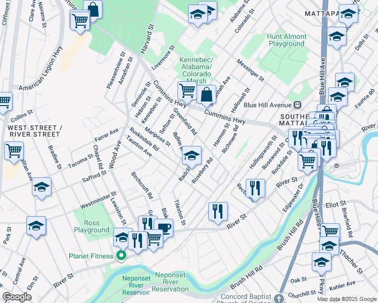map of restaurants, bars, coffee shops, grocery stores, and more near 19 Radcliffe Road in Boston
