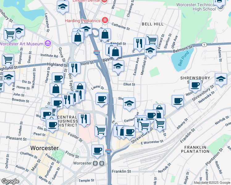 map of restaurants, bars, coffee shops, grocery stores, and more near 41 Laurel Street in Worcester