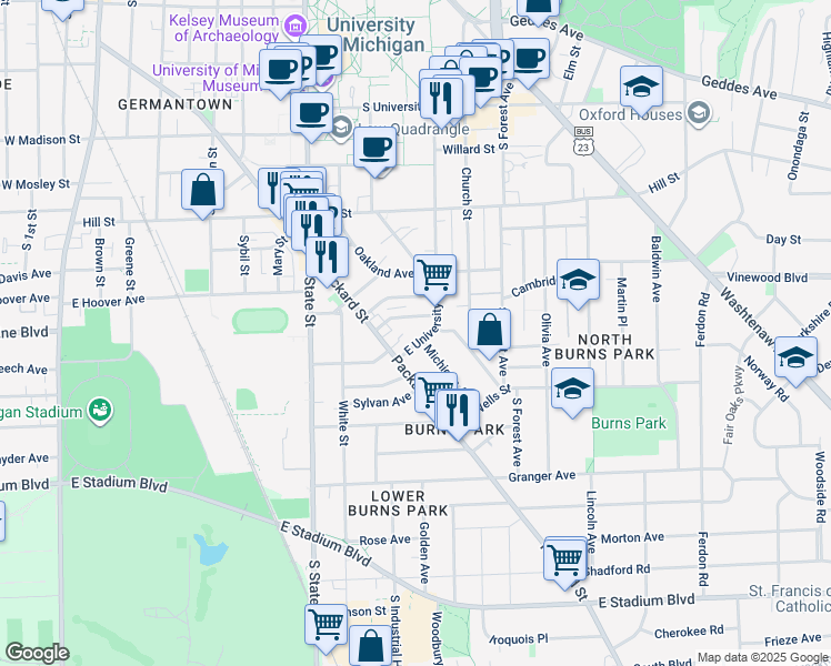 map of restaurants, bars, coffee shops, grocery stores, and more near 1108 East University Avenue in Ann Arbor