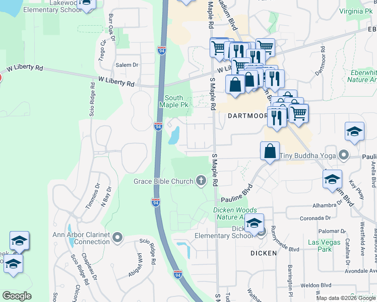 map of restaurants, bars, coffee shops, grocery stores, and more near 2722 Adrienne Drive in Ann Arbor