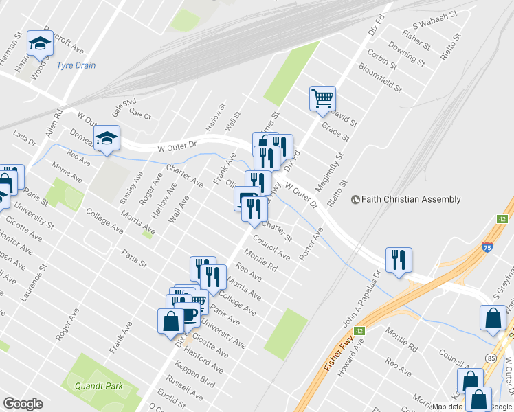 map of restaurants, bars, coffee shops, grocery stores, and more near 912 Dix Highway in Lincoln Park