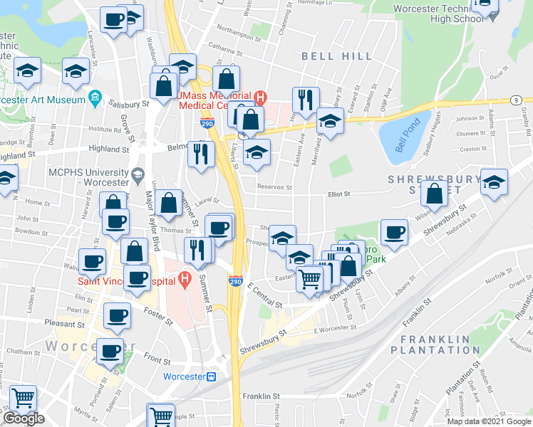 map of restaurants, bars, coffee shops, grocery stores, and more near 57 Laurel Street in Worcester