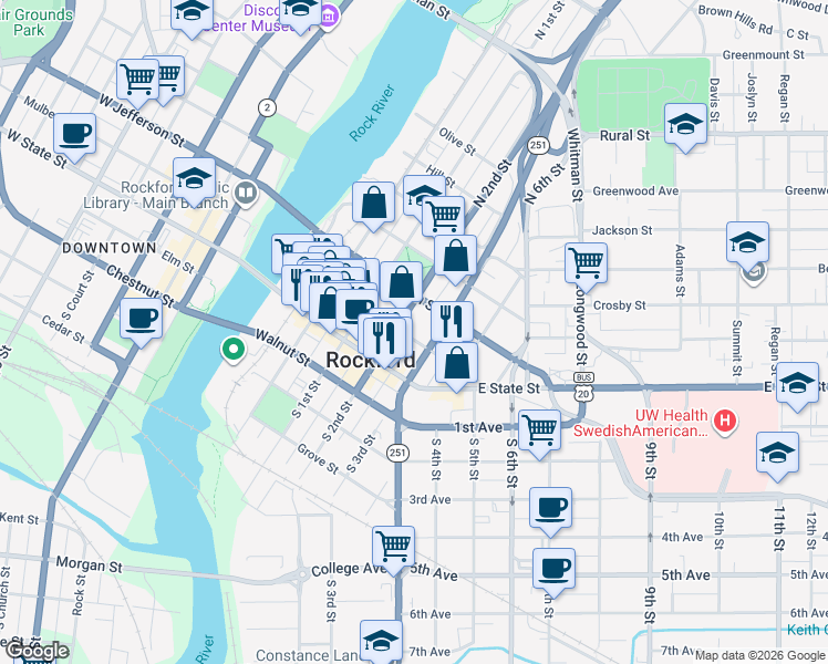 map of restaurants, bars, coffee shops, grocery stores, and more near 505 Market Street in Rockford