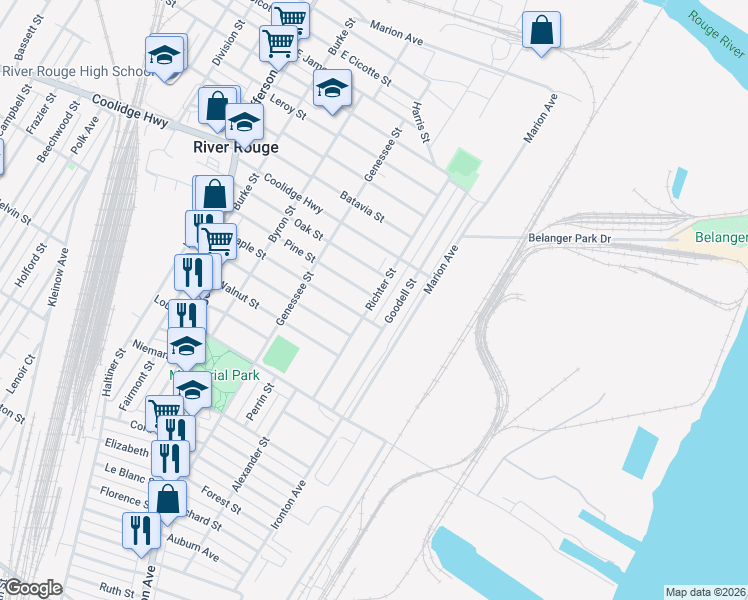 map of restaurants, bars, coffee shops, grocery stores, and more near 253 Richter Street in River Rouge