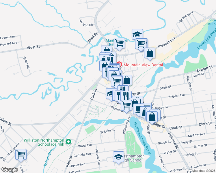map of restaurants, bars, coffee shops, grocery stores, and more near 25 Clarke Avenue in Easthampton