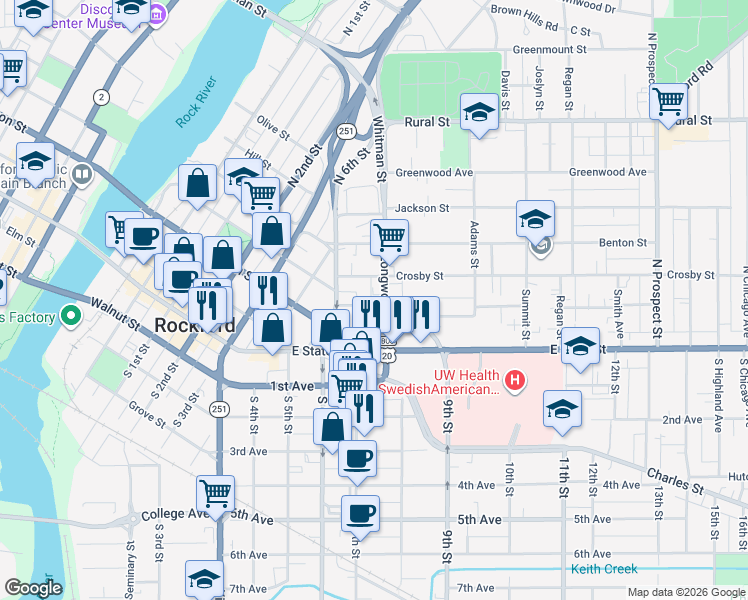 map of restaurants, bars, coffee shops, grocery stores, and more near 1034 Spafford Avenue in Rockford