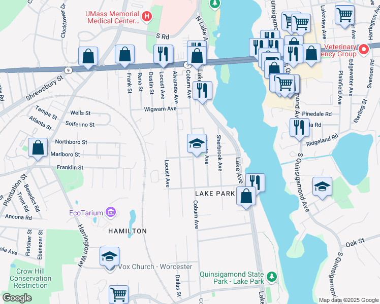 map of restaurants, bars, coffee shops, grocery stores, and more near 130 Coburn Avenue in Worcester