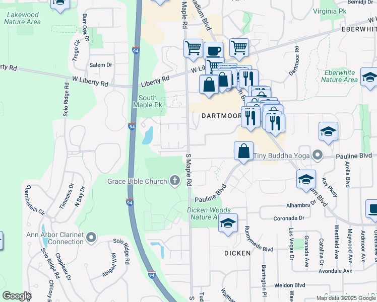 map of restaurants, bars, coffee shops, grocery stores, and more near South Maple Road in Ann Arbor