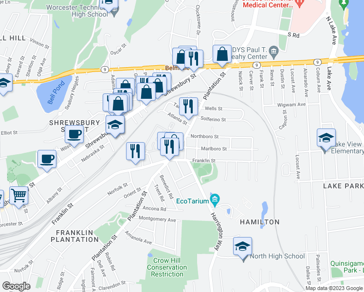 map of restaurants, bars, coffee shops, grocery stores, and more near 3 Marlboro Street in Worcester