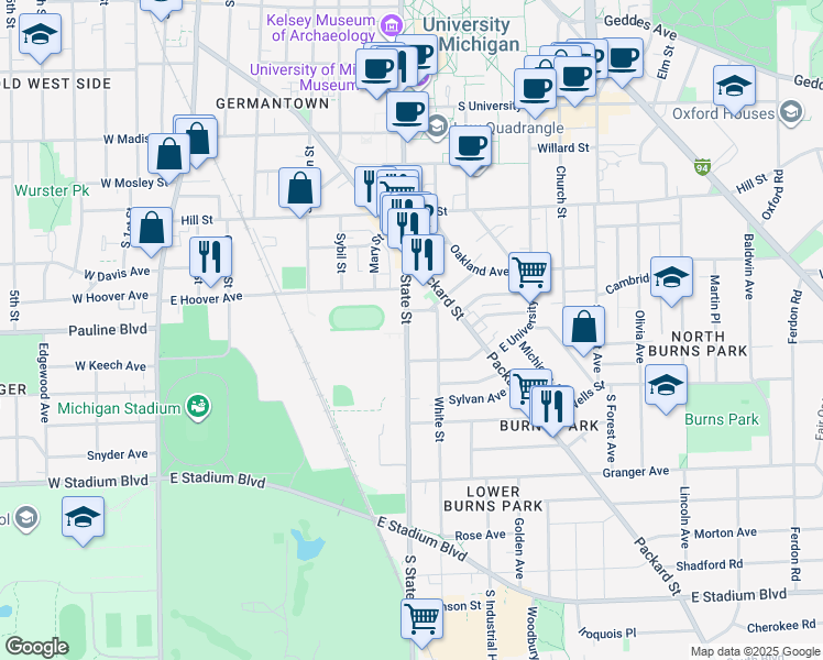 map of restaurants, bars, coffee shops, grocery stores, and more near 1107 South State Street in Ann Arbor