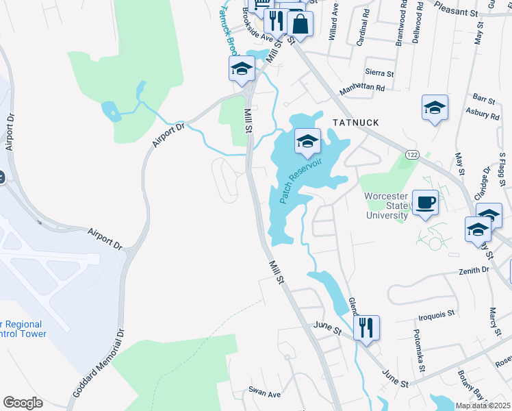 map of restaurants, bars, coffee shops, grocery stores, and more near 483 Mill Street in Worcester