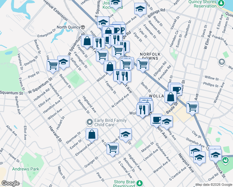 map of restaurants, bars, coffee shops, grocery stores, and more near 194 Fayette Street in Quincy