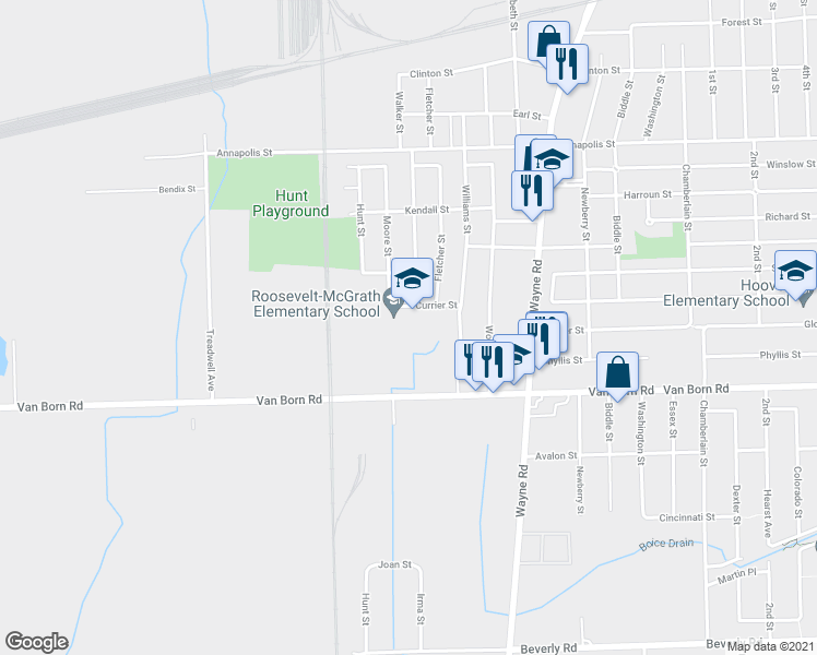 map of restaurants, bars, coffee shops, grocery stores, and more near 36075 Currier Street in Wayne