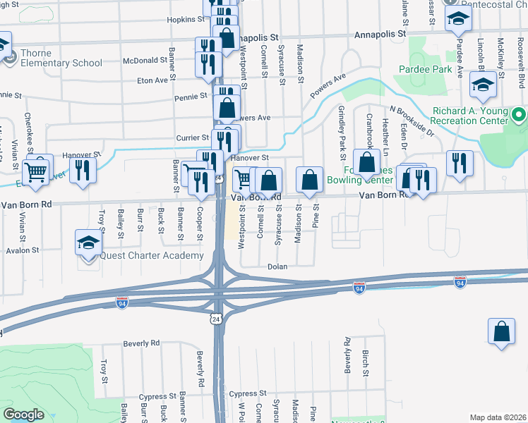 map of restaurants, bars, coffee shops, grocery stores, and more near 5835 Cornell Street in Taylor