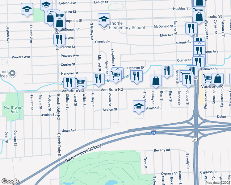 map of restaurants, bars, coffee shops, grocery stores, and more near 25111 Van Born Road in Taylor