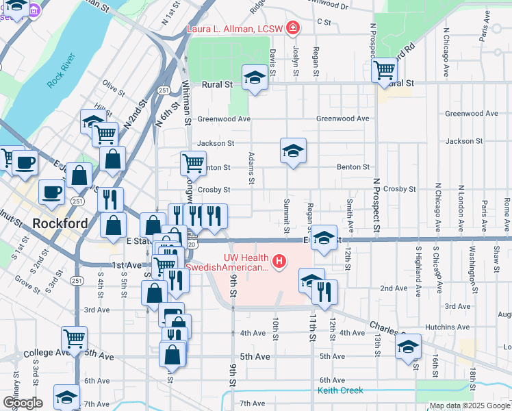 map of restaurants, bars, coffee shops, grocery stores, and more near 207 Adams Street in Rockford