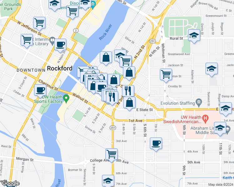 map of restaurants, bars, coffee shops, grocery stores, and more near 512 Market Street in Rockford