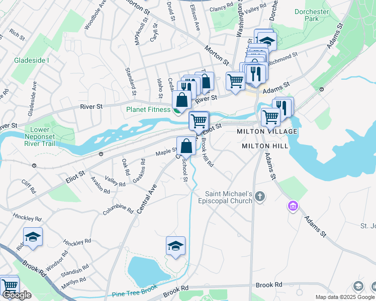 map of restaurants, bars, coffee shops, grocery stores, and more near 54 Central Avenue in Milton