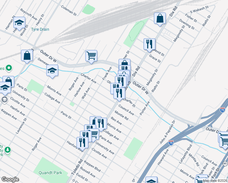 map of restaurants, bars, coffee shops, grocery stores, and more near 2090 Charter Street in Lincoln Park