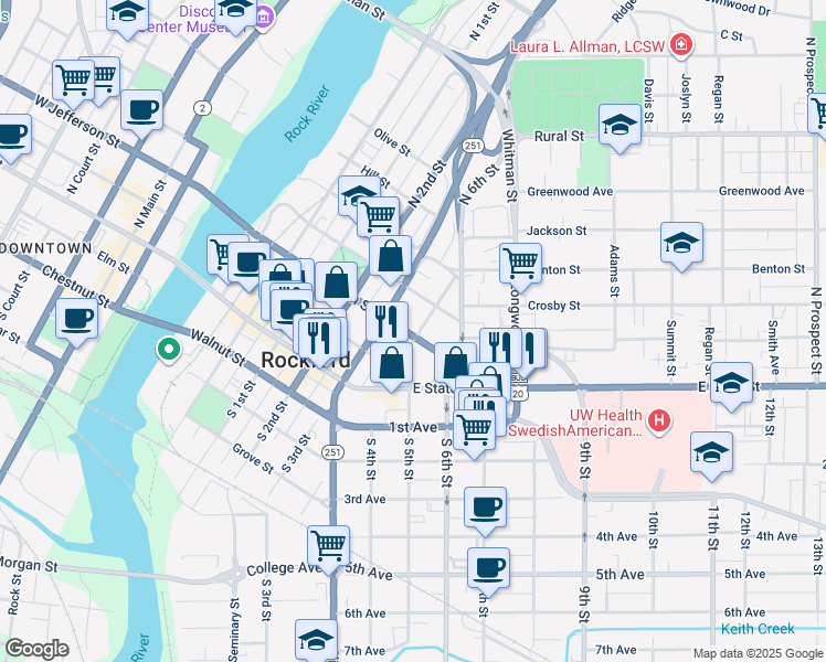 map of restaurants, bars, coffee shops, grocery stores, and more near 278 North 4th Street in Rockford