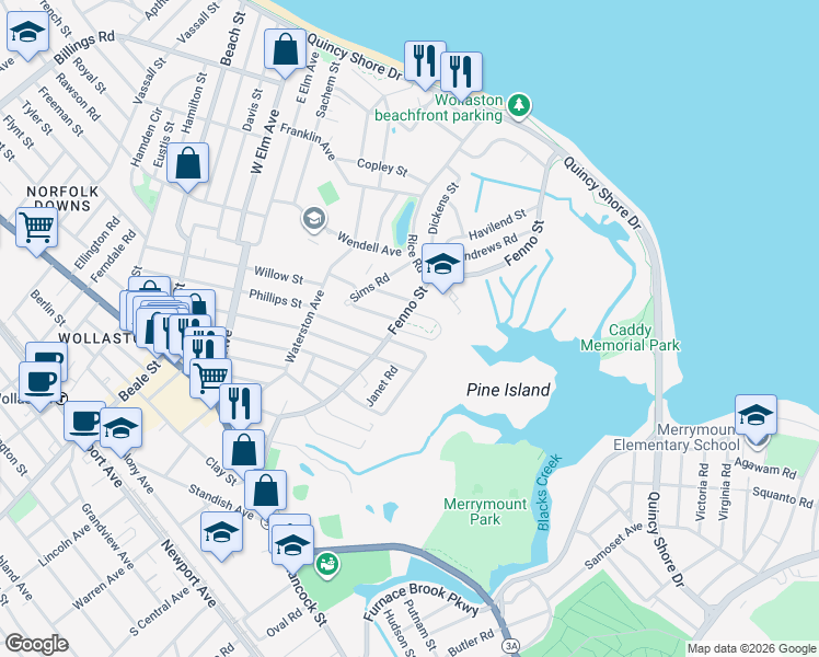 map of restaurants, bars, coffee shops, grocery stores, and more near 191 Fenno Street in Quincy