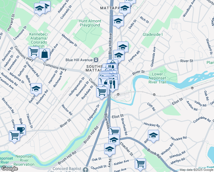 map of restaurants, bars, coffee shops, grocery stores, and more near 1621 Blue Hill Avenue in Boston