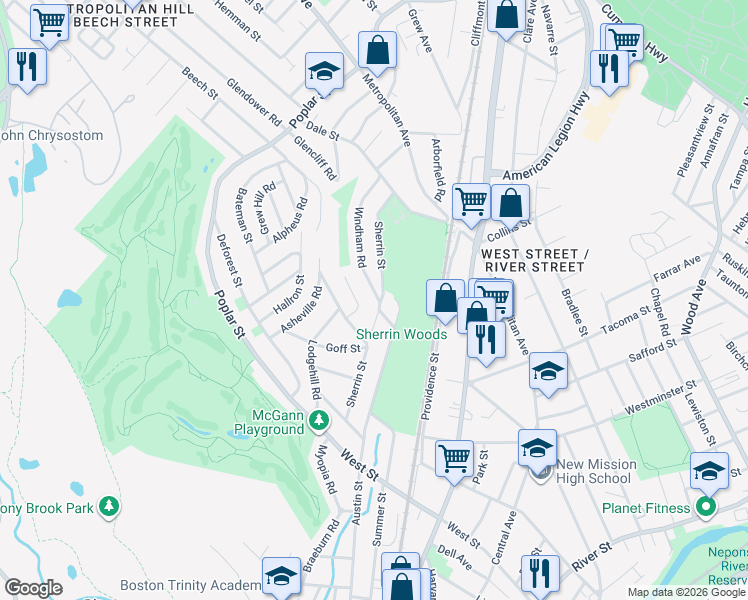 map of restaurants, bars, coffee shops, grocery stores, and more near 15 Beechmont Terrace in Boston