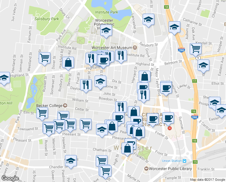 map of restaurants, bars, coffee shops, grocery stores, and more near 4 Wesby Street in Worcester