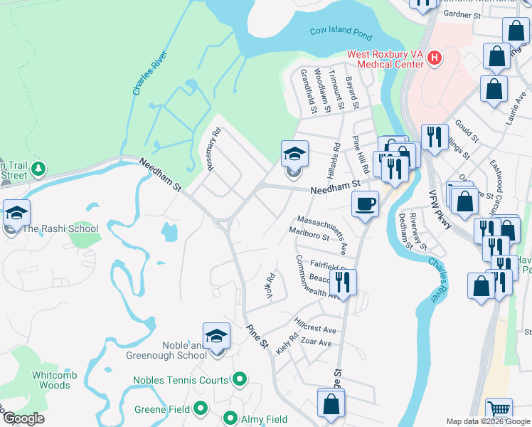map of restaurants, bars, coffee shops, grocery stores, and more near 12 Mulberry Lane in Dedham