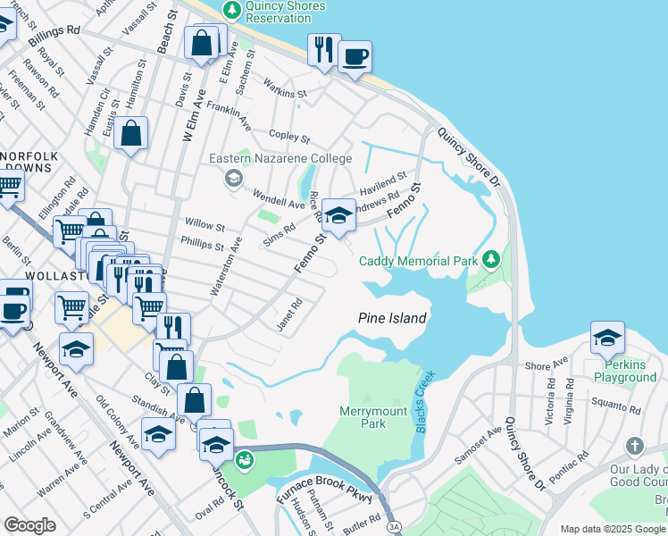 map of restaurants, bars, coffee shops, grocery stores, and more near 28 Langley Circle in Quincy
