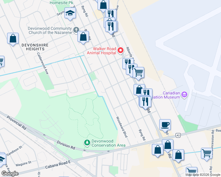 map of restaurants, bars, coffee shops, grocery stores, and more near 3705 Bliss Road in Windsor