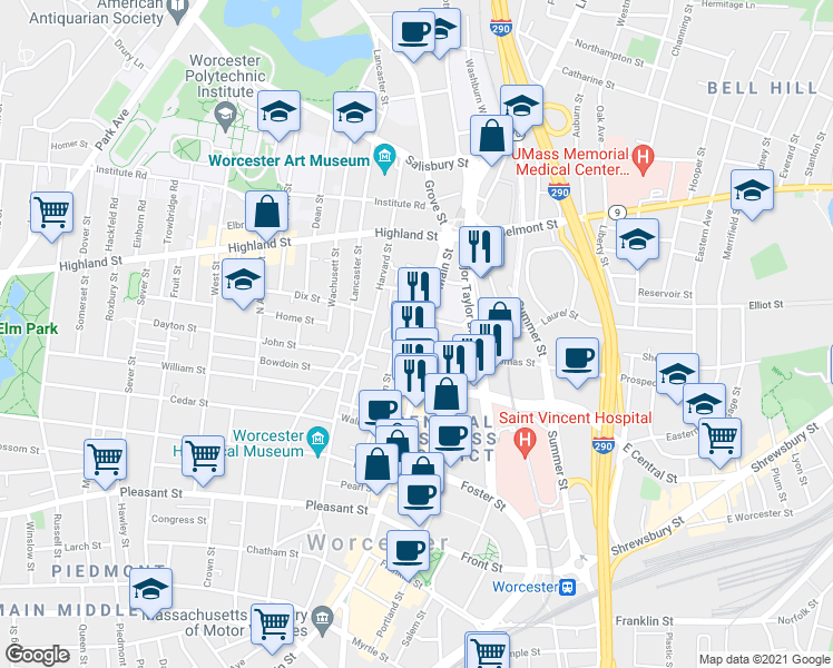 map of restaurants, bars, coffee shops, grocery stores, and more near 156 Main Street in Worcester