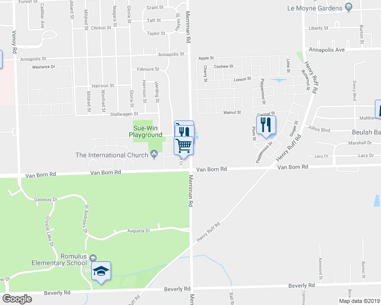 map of restaurants, bars, coffee shops, grocery stores, and more near 5750 Merriman Rd in Wayne