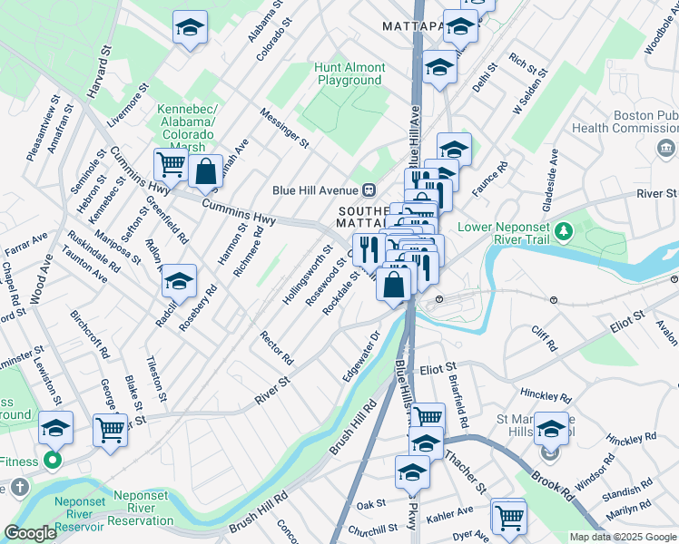 map of restaurants, bars, coffee shops, grocery stores, and more near 20 Rosewood Street in Boston