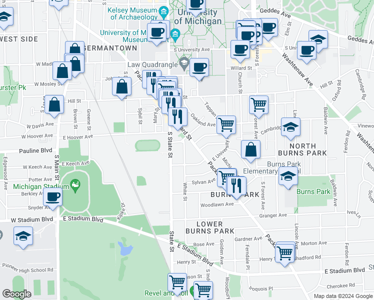 map of restaurants, bars, coffee shops, grocery stores, and more near 1111 White Street in Ann Arbor