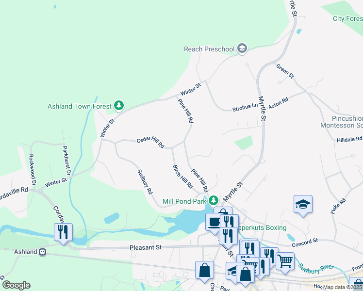 map of restaurants, bars, coffee shops, grocery stores, and more near 72 Pine Hill Road in Ashland