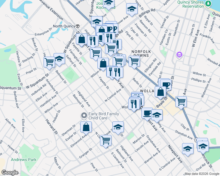 map of restaurants, bars, coffee shops, grocery stores, and more near 194 Fayette Street in Quincy