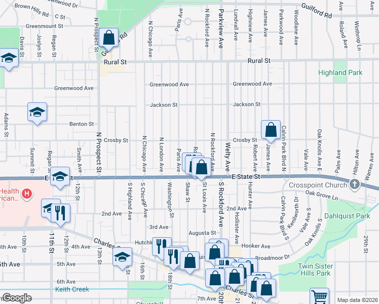 map of restaurants, bars, coffee shops, grocery stores, and more near 214 Rome Avenue in Rockford