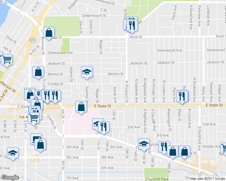 map of restaurants, bars, coffee shops, grocery stores, and more near 206 Smith Avenue in Rockford