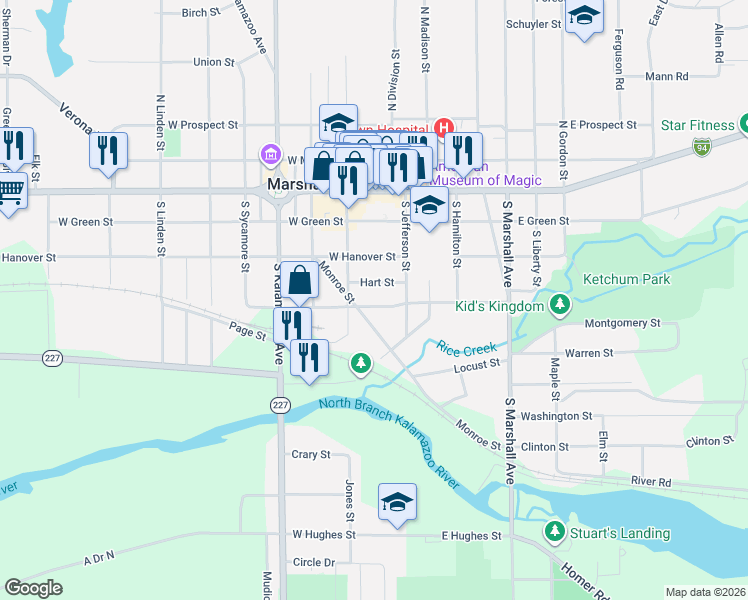 map of restaurants, bars, coffee shops, grocery stores, and more near 124 West Spruce Street in Marshall