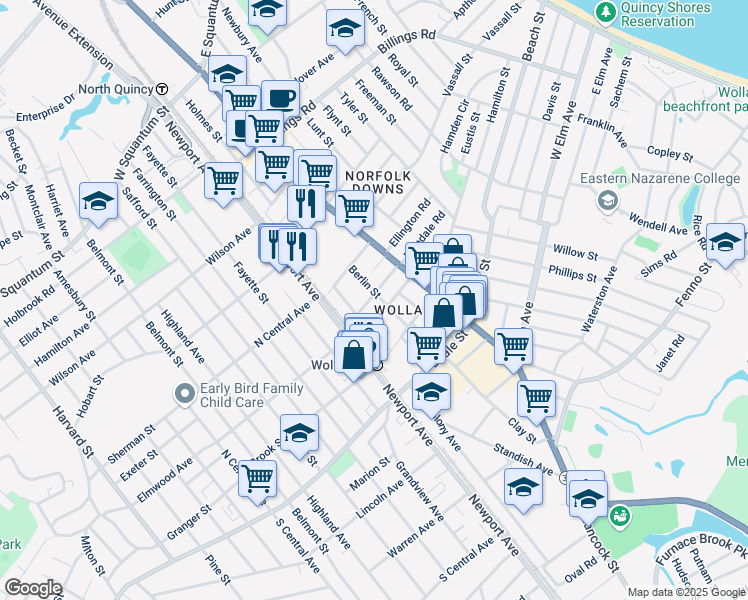 map of restaurants, bars, coffee shops, grocery stores, and more near 40 Berlin Street in Quincy