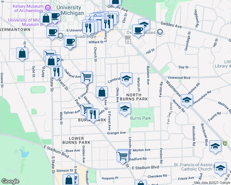 map of restaurants, bars, coffee shops, grocery stores, and more near 1040 Olivia Avenue in Ann Arbor