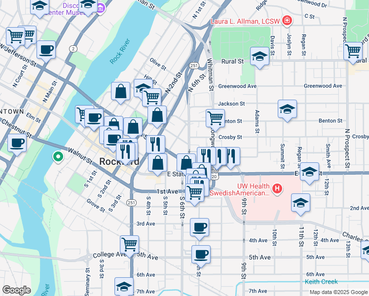 map of restaurants, bars, coffee shops, grocery stores, and more near 324 North 6th Street in Rockford